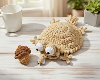 Crochet Squirrel Coaster Mug Rug, Acorn Coaster, Handmade Woodland Fall Table Decor
