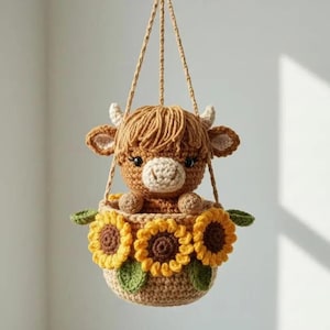 Puede incluir: Maceta de ganchillo con forma de vaca de las Highlands. La vaca es marrón con cuernos color crema y flequillo. La cesta está adornada con girasoles amarillos y marrones y hojas verdes, suspendida por un cordón trenzado.