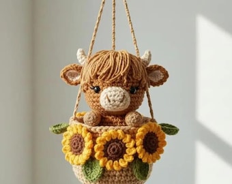 Crochet Highland Cow Car Charm, Sunflower Pot Hanging Decor, Amigurumi Accessory, Boho Farmhouse Decor