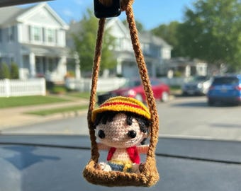 Crochet Luffy Pirate Car Charm, One P Crew Anime Amigurumi, Crochet Rearview Mirror Decor