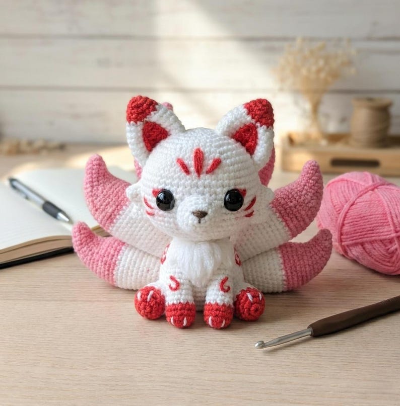 May include: A handmade crochet fox doll with white, pink, and red accents. The fox has large black eyes, a small nose, and a fluffy tail. The fox is sitting on a light-colored surface. A pink ball of yarn and a crochet hook are also visible.