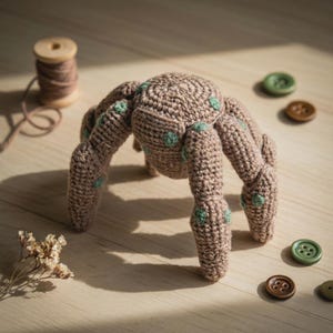 May include: A crocheted spider toy in shades of brown with green accents. The handmade spider has eight legs and a rounded body. Several buttons and a spool of thread are in the background.