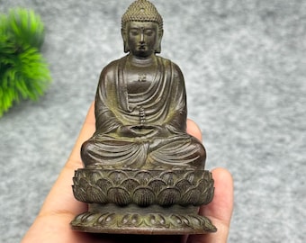 Vintage Bronze Shakyamuni Buddha Statue| Antique Buddhist Meditation Decor on Lotus Base