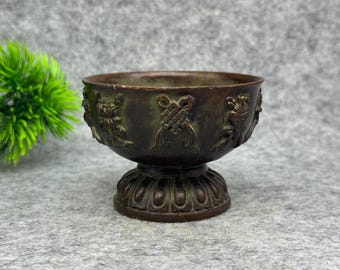 Vintage Bronze Eight Auspicious Symbols Offering Bowl, Lotus Base Buddhist Altar Ritual Vessel