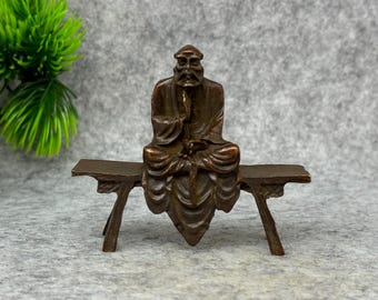 Vintage Mini Brass Bodhidharma Figurine, Zen Master on Bench, Meditation Decor