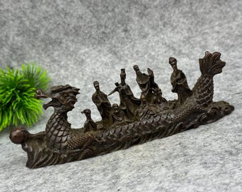Vintage Bronze Carved Eight Immortals Dragon Boat statue-Feng Shui statue
