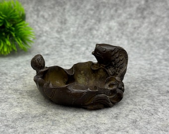 Vintage Bronze Koi Fish Lotus Ashtray,Feng shui statue