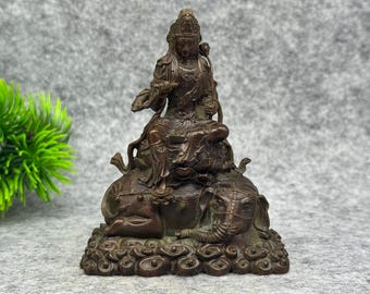 Vintage Bronze Samantabhadra Buddha Statue, Mini Puxian Bodhisattva on Elephant Sculpture, Buddhist Altar Decor