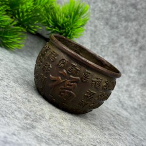 Cuenco de ofrendas de bronce chino antiguo con las Cien Bendiciones - Decoración para el hogar y estatua de Feng Shui