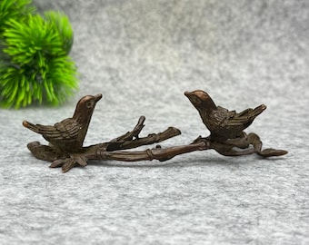 ヴィンテージブロンズ製、枝にとまる2羽の鳥の置物、禅風デスク装飾