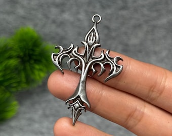 Tibetan meteoric Iron Flame Cross Pendant, Gothic Cross Necklace, Punk Rock Gothic Long Chain Jewelry,  Retro Gift for Her
