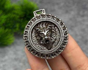Vintage Meteorite Iron Lion Head Medallion Pendant, Sun Border Lion Amulet, Mens Protection Strength Talisman Necklace Charm