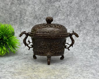 Vintage Bronze Tripod Incense Burner Dragon Ear Censer-Feng Shui Statue