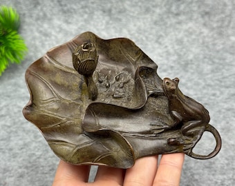 Vintage Bronze Lotus Leaf Frog Incense Holder, Chinese Feng Shui Tea Pet, Meditation Aroma Desk Decor Gift