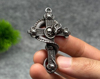 Meteoric Iron Dragon Cross Skull Pendant,Gothic Serpent Cross Talisman,Occult Protection Amulet Necklace For Men