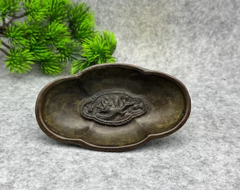 Vintage Bronze Koi Dragon Tray, Engraved Dish, Chinese Mythical Creature, Feng Shui Decor