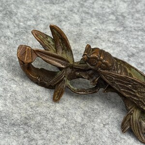 以下が含まれることがあります： ブロンズ色の昆虫型の装飾品。このオブジェクトは、詳細な翼と湾曲したハンドルを備えています。昆虫はセミまたは同様の種であるようです。このオブジェクトは、風化したアンティークの外観をしています。