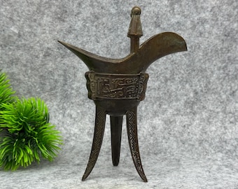 Vintage Bronze Jue Wine Vessel, Archaic Ritual Libation Cup-- Feng Shui Statue