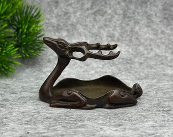 Vintage  Bronze Deer Brush Rest, Copper Sika Deer Figurine, Mini Pen Holder & Incense Tray