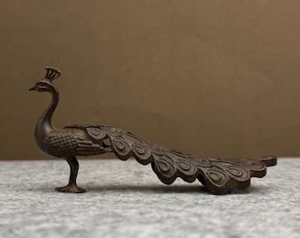 Handcrafted  Bronze Ornate Peacock Figurine, Vintage Eastern Decor Statue