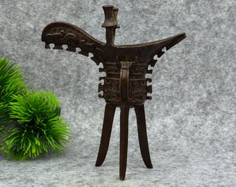 Vintage Bronze Jue Wine Vessel, Archaic Ritual Libation Cup-- Feng Shui Statue