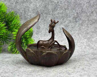 Vintage Bronze Deer Incense Burner, Lotus Leaf Backflow Incense Holder-Feng Shui Statue