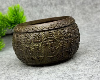 Vintage Chinese Bronze Hundred Blessings Offering Bowl -Home Decoration & Feng Shui Statue