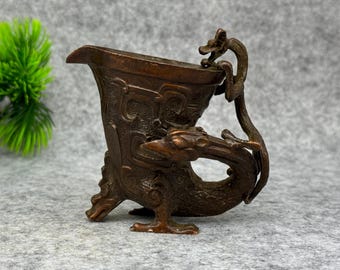 Vintage Bronze Carved Dragon and Phoenix Cup, Fengshui statue, Home decoration