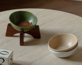 Comedero elevado de cerámica para mascotas con soporte de madera: comedero elevado para gatos y perros pequeños
