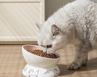 Comedero de cerámica elevado e inclinado para mascotas: comedero para bigotes para gatos y perros pequeños