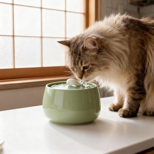 May include: A light green ceramic pet water fountain with a small white whale figurine in the center. A fluffy, multi-colored cat is drinking from the fountain. The fountain is on a white surface near a window.