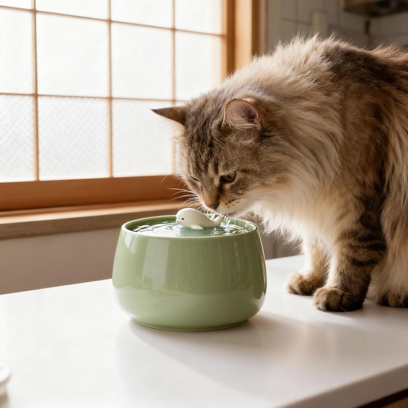 May include: A light green ceramic pet water fountain with a small white whale figurine in the center. A fluffy, multi-colored cat is drinking from the fountain. The fountain is on a white surface near a window.