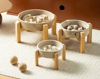 Marble-Pattern Slow Feeder Bowl for Dogs & Cats – Optional Raised Bamboo Stand