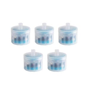 May include: Five small, cylindrical filters with a light blue casing and a central, vertical tube. The filters have a translucent appearance, revealing a blue and white internal structure. The filters are arranged against a white background.