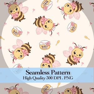 以下が含まれることがあります： ピンクのナースキャップとリボンをつけた漫画風のハチ、Bee Well Honeyと書かれたラベルの瓶、小さなハニーディッパーが描かれたシームレスパターン。クリーム色の背景に小さなピンクのハートが散りばめられたデザイン。