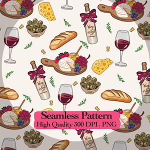 May include: A seamless pattern featuring illustrations of wine bottles with maroon bows and the text Wine o'clock, glasses of red wine, wooden boards with cheese, grapes, strawberries, honey, bowls of green olives, and loaves of bread.
