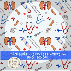 Diatest Krankenschwester Nahtloses Muster PNG, Nephrologie und Nierenfürsorge-Design, medizinisches digitales Papier, 12x12 300 DPI, kommerzielle Nutzung