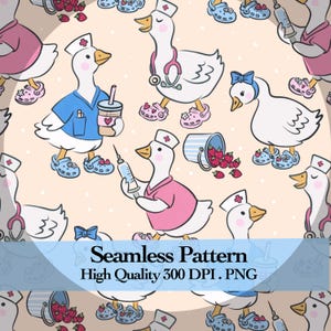 May include: A seamless pattern featuring cartoon geese dressed as medical professionals, wearing nurse caps, scrubs, and clogs. The geese are depicted with stethoscopes, syringes, and coffee cups, interspersed with small buckets of red strawberries.