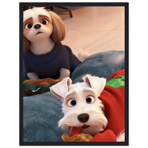 Puede incluir: Imagen enmarcada de dos perros de dibujos animados. Uno es blanco con un suéter rojo, el otro es blanco y marrón con un suéter azul. Ambos perros tienen una expresión triste y miran al espectador.