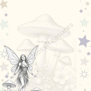 May include: A light-colored stationery sheet featuring a grayscale illustration of a fairy with wings standing among various mushrooms and flowers. The border is decorated with small stars and sparkles, and the text MossTreasures is visible.