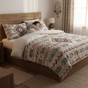 Puede incluir: Una cama de madera con un juego de edredón y almohadas estampadas. La ropa de cama presenta un diseño geométrico en tonos crema, rojo, azul y marrón. Una persona está durmiendo bajo el edredón. Una mesita de noche y una lámpara son visibles.