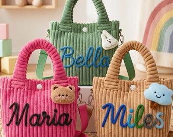 Personalized Toddler Bag with Cute Icon, Custom Name Corduroy Kids Crossbody Bag,Handmade Yarn Letter,Preschool Daycare Bag,Birthday Gift