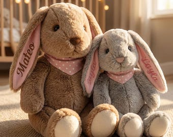 Coniglietto di peluche personalizzato, Set di coniglietti di peluche personalizzati, Bambola coniglietto per la cameretta, Coniglietti coordinati per fratelli, Nomi personalizzati sulle orecchie, Regalo per baby shower per bambina