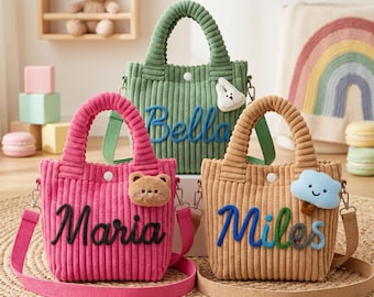 Custom Corduroy Kids Crossbody Bag, Personalized Toddler Top Handle Bag, Handmade Yarn Letters Name Bag,Toddler Daycare Bag, Birthday Gift