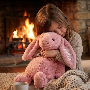 May include: A plush pink bunny rabbit with long floppy ears. The name "Bella" is embroidered on one ear. The bunny is being held by a person. A fireplace with a burning fire is in the background.