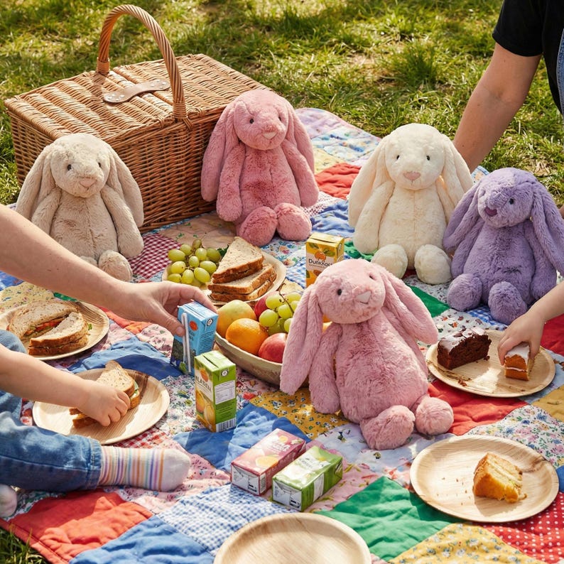 May include: A picnic scene with plush bunny toys in various colors, including pink, beige, and purple, arranged on a colorful quilt. The picnic includes sandwiches, fruit, and juice boxes, with a wicker basket in the background.