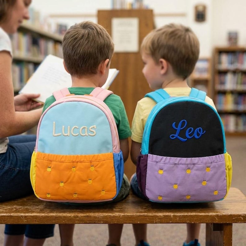 May include: Two children's backpacks with personalized names. One backpack is light blue with the name "Lucas" embroidered in cream. The other is black with the name "Leo" embroidered in blue. Both have colorful accents.