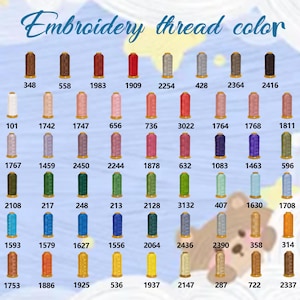May include: A color chart of embroidery thread spools in various colors, including red, blue, green, and yellow. The text "Embroidery thread color" is at the top, with color numbers below each spool.