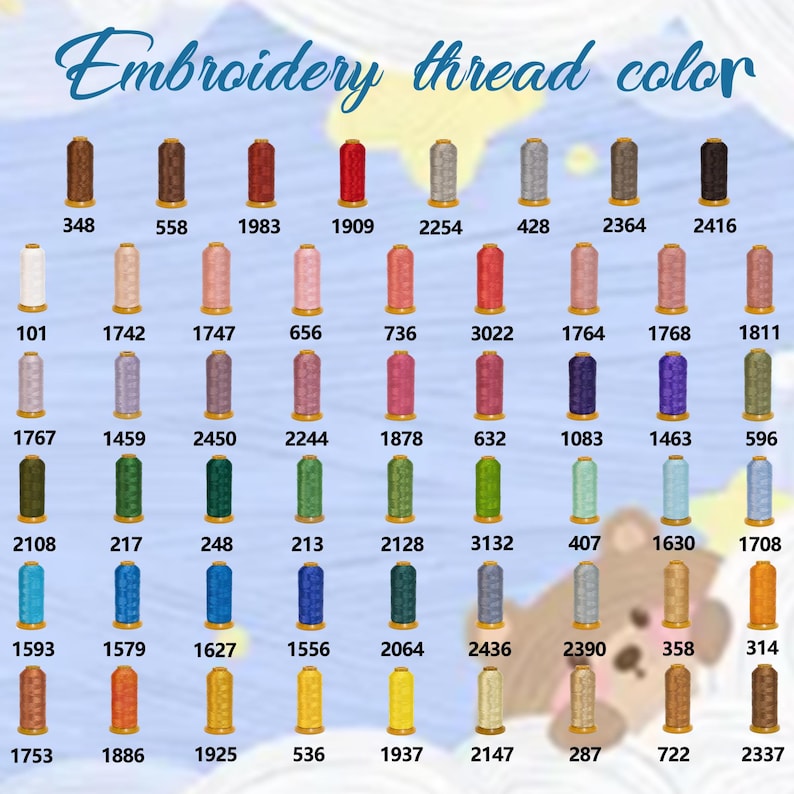 May include: A color chart of embroidery thread spools in various colors, including red, blue, green, and yellow. The text "Embroidery thread color" is at the top, with color numbers below each spool.