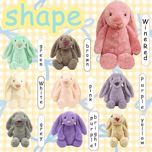 May include: A collection of plush bunny toys in various colors, including green, brown, wine red, white, pink, purple, grey, bright purple, and yellow. Each bunny has long ears and a soft, cuddly appearance. The word "shape" is at the top of the image.